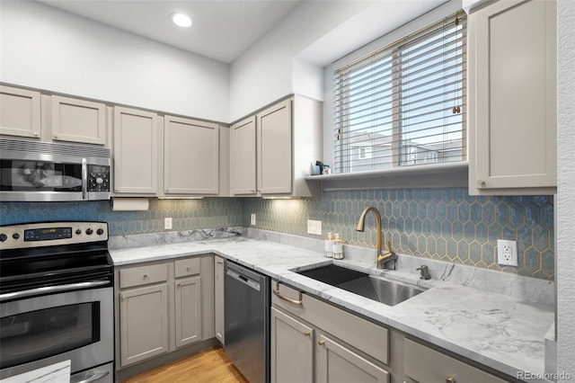 84 Spruce St Unit 707, Denver, CO 80230 - kitchen with stainless steel appliances, a sink, gray cabinets, and tasteful backsplash