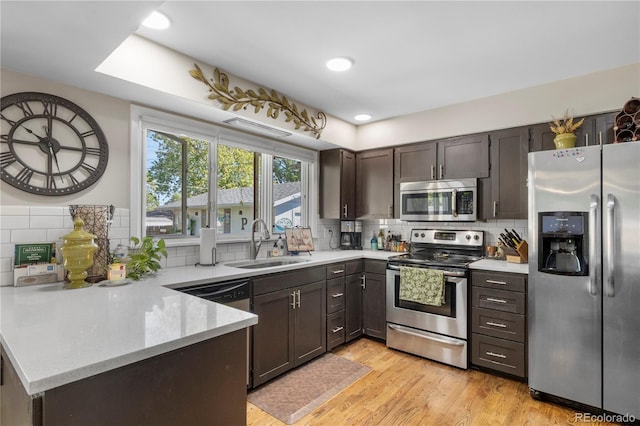 kitchen with appliances with stainless steel finishes, tasteful backsplash, sink, kitchen peninsula, and dark brown cabinets