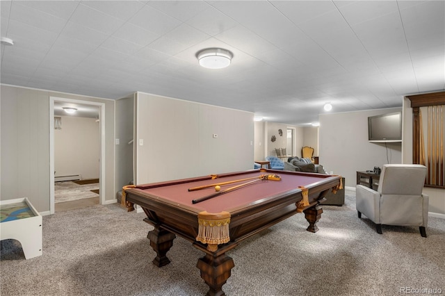 rec room with a baseboard radiator, carpet floors, and billiards