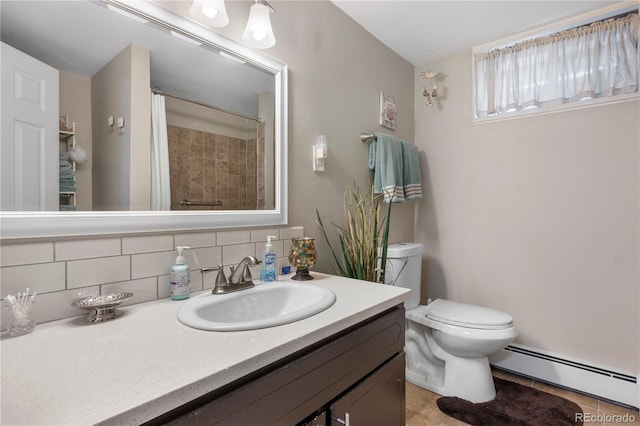 bathroom with tasteful backsplash, tile patterned flooring, vanity, baseboard heating, and toilet