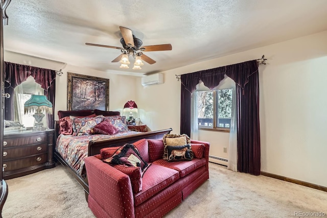 bedroom featuring a textured ceiling, a baseboard heating unit, baseboards, a wall mounted AC, and carpet