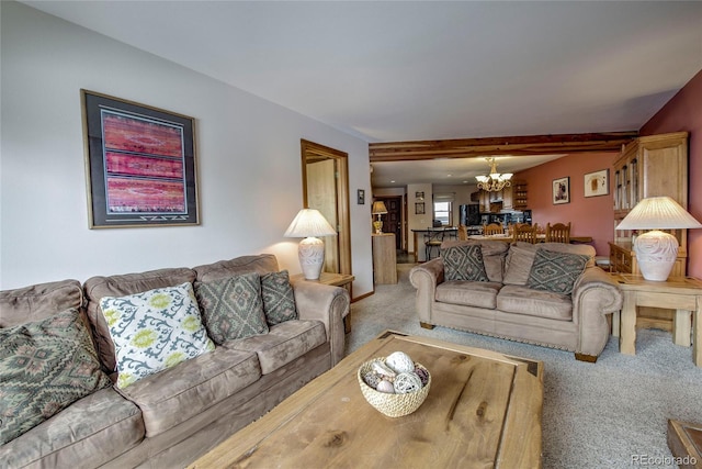 94300 Ryan Gulch Rd Unit 301, Silverthorne, CO 80498 - carpeted living room with a chandelier and beam ceiling