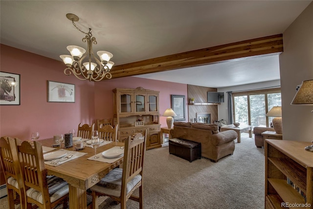 94300 Ryan Gulch Rd Unit 301, Silverthorne, CO 80498 - dining area with a chandelier, light colored carpet, and beam ceiling