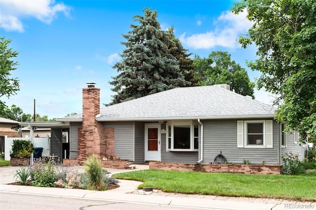 6755 W 45th Ave, Wheat Ridge, CO 80033 - single story home featuring a shingled roof, a front yard, a chimney, and concrete driveway