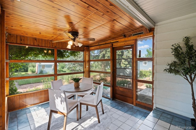 6755 W 45th Ave, Wheat Ridge, CO 80033 - sunroom with wooden walls, a ceiling fan, outdoor dining space, tile patterned floors, and lofted ceiling