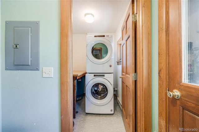 18247 State Highway 7, Lyons, CO 80540 - laundry room with electric panel and stacked washer / drying machine