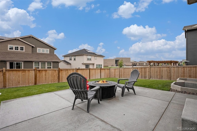 14818 Dahlia St, Thornton, CO 80602 - fenced backyard with an outdoor fire pit, a patio, and a residential view