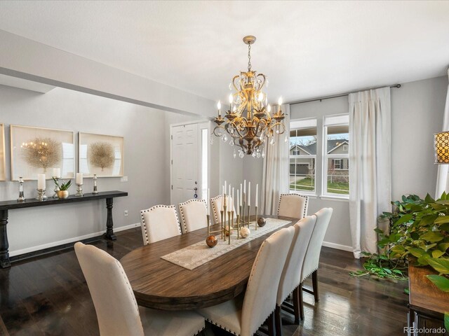 13041 Reata Ridge Dr, Parker, CO 80134 - dining room featuring baseboards, a notable chandelier, and dark wood-type flooring