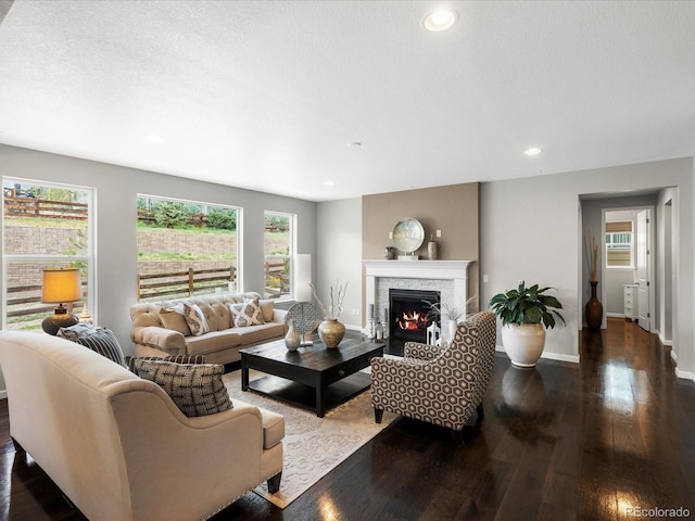 13041 Reata Ridge Dr, Parker, CO 80134 - living area featuring dark wood-style flooring, a warm lit fireplace, recessed lighting, and baseboards