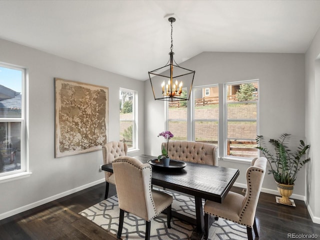 13041 Reata Ridge Dr, Parker, CO 80134 - dining area featuring an inviting chandelier, baseboards, lofted ceiling, and dark wood-type flooring