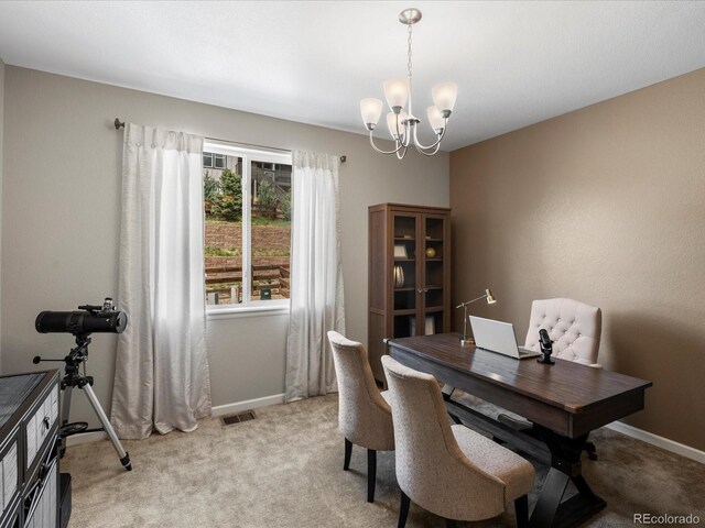 13041 Reata Ridge Dr, Parker, CO 80134 - office space with an inviting chandelier, baseboards, visible vents, and light colored carpet