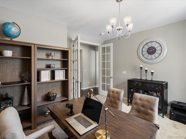 13041 Reata Ridge Dr, Parker, CO 80134 - carpeted office featuring french doors, baseboards, and a notable chandelier