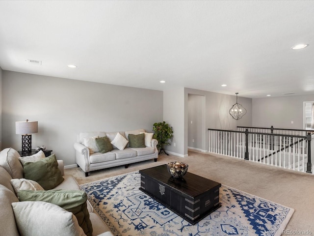 13041 Reata Ridge Dr, Parker, CO 80134 - carpeted living area featuring recessed lighting, baseboards, and a notable chandelier
