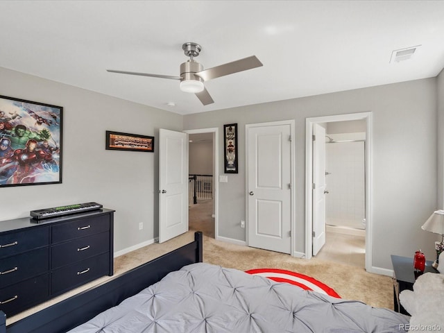13041 Reata Ridge Dr, Parker, CO 80134 - bedroom with light colored carpet, a ceiling fan, baseboards, and visible vents