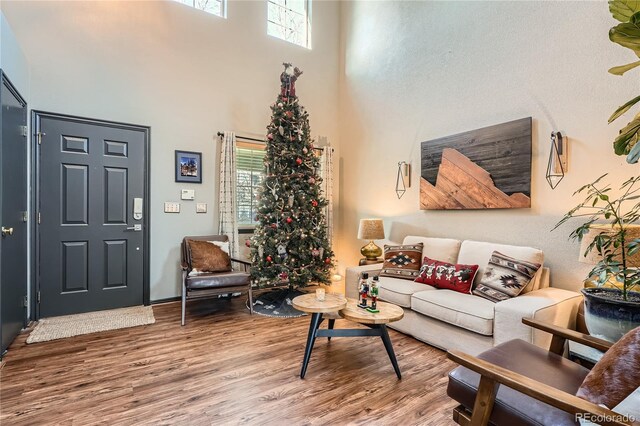 living room featuring hardwood / wood-style floors, plenty of natural light, and a towering ceiling