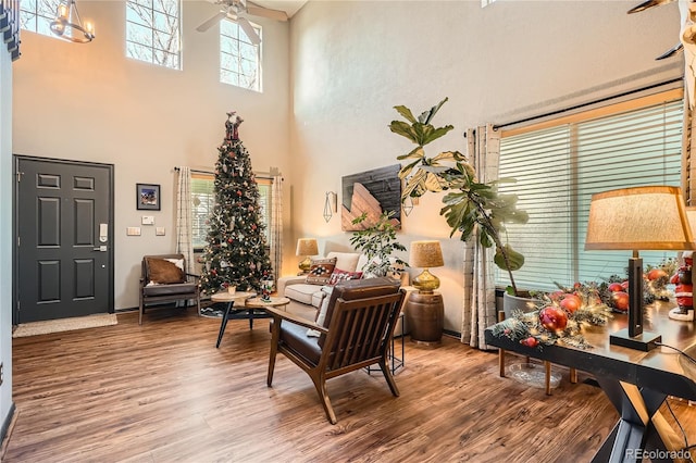 interior space with wood-type flooring, a towering ceiling, and ceiling fan