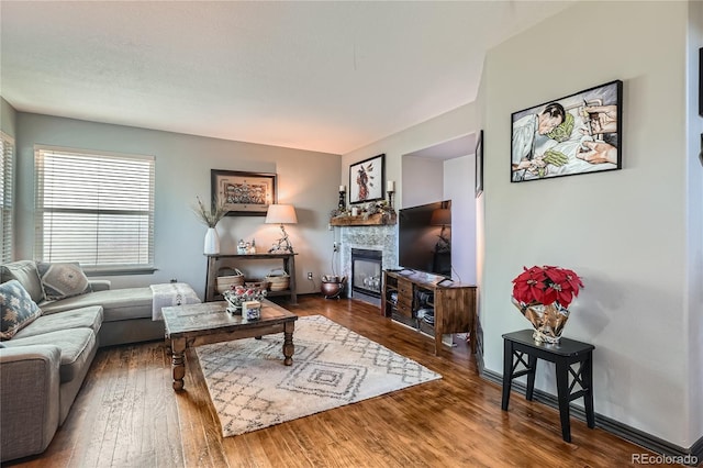 living room with dark hardwood / wood-style floors