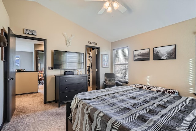 carpeted bedroom with a spacious closet, ceiling fan, lofted ceiling, and a closet