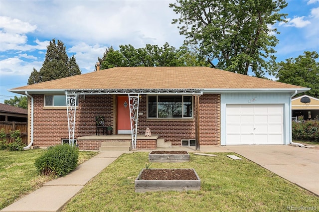 1666 S Bryant St, Denver, CO 80219 - ranch-style home with driveway, a garage, brick siding, covered porch, and roof with shingles