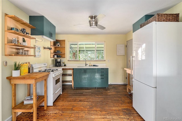 1666 S Bryant St, Denver, CO 80219 - kitchen featuring white appliances, open shelves, a sink, light countertops, and dark wood finished floors