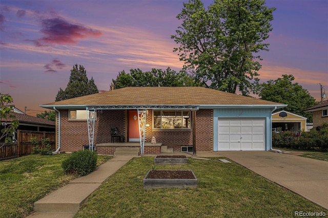 1666 S Bryant St, Denver, CO 80219 - view of front of home featuring a garage, brick siding, concrete driveway, a porch, and a shingled roof