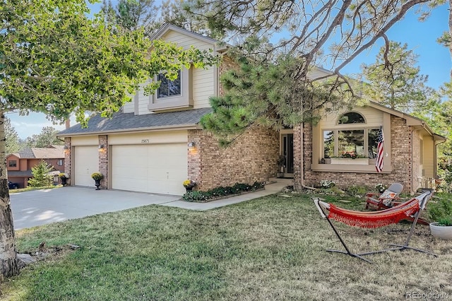 view of front of home with a garage, brick siding, a shingled roof, driveway, and a front lawn