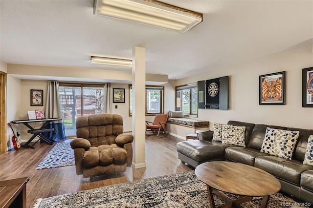 living area with baseboards and wood finished floors