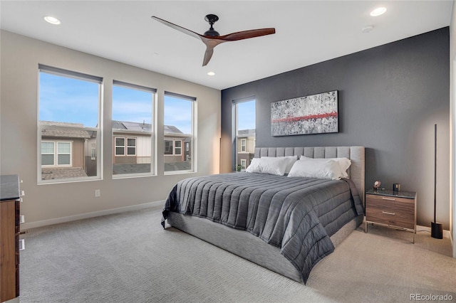bedroom featuring baseboards, ceiling fan, carpet, and recessed lighting