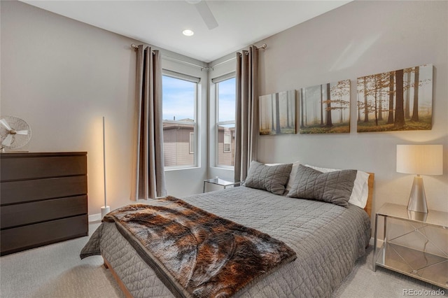 carpeted bedroom with baseboards, recessed lighting, and ceiling fan