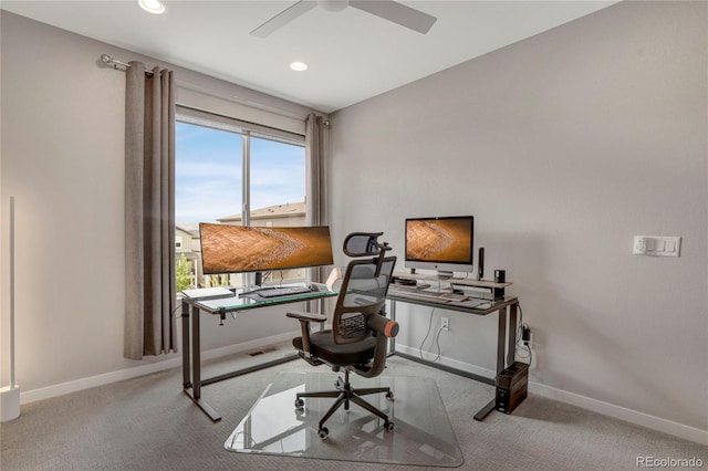 office area featuring baseboards, ceiling fan, carpet, and recessed lighting