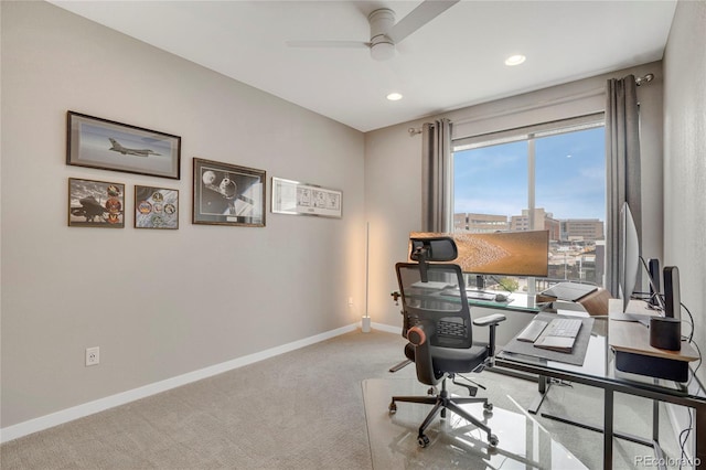 carpeted home office featuring recessed lighting, ceiling fan, and baseboards