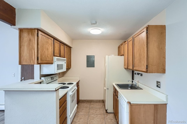 kitchen with white appliances, electric panel, a sink, light countertops, and a peninsula