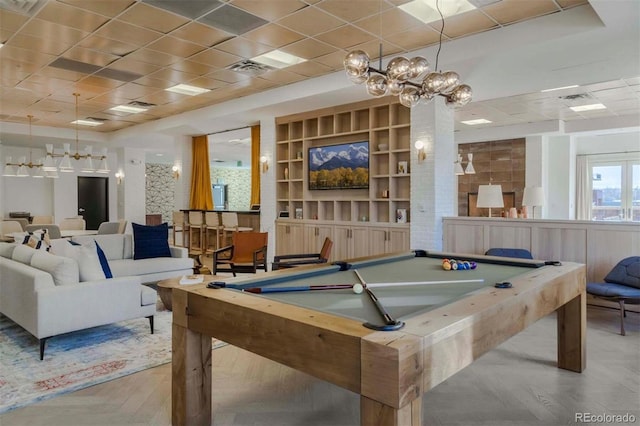 game room with a drop ceiling, billiards, and light parquet floors