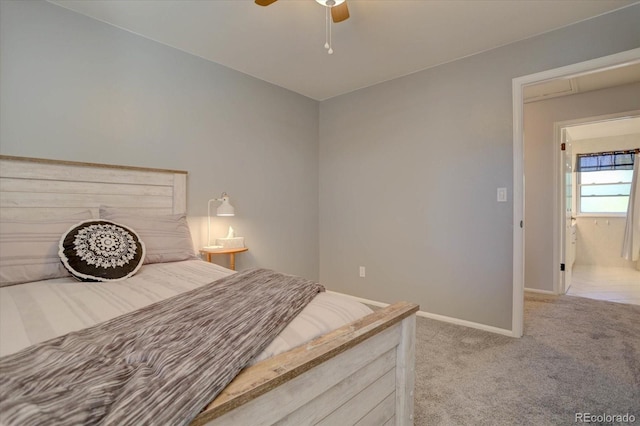 bedroom with ceiling fan and light colored carpet