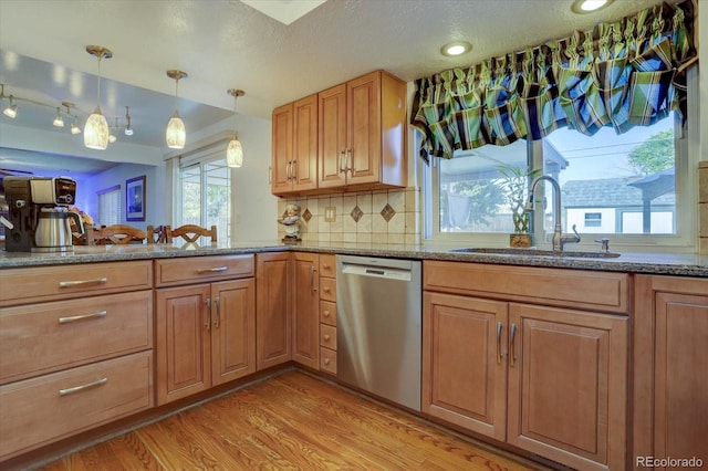 kitchen with dishwasher, a healthy amount of sunlight, light hardwood / wood-style floors, and sink