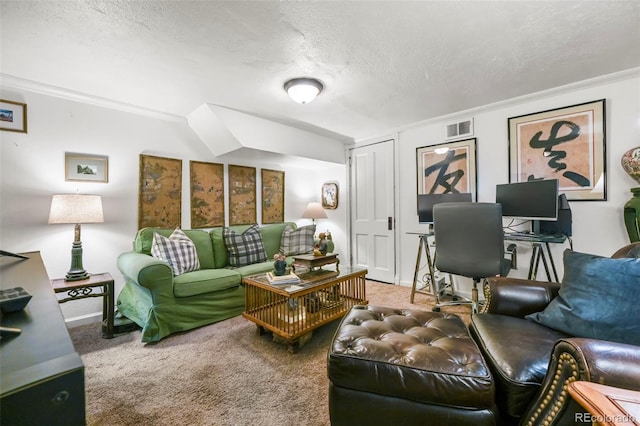 2131 Eliot St, Denver, CO 80211 - living room featuring carpet floors, crown molding, a textured ceiling, and a desk