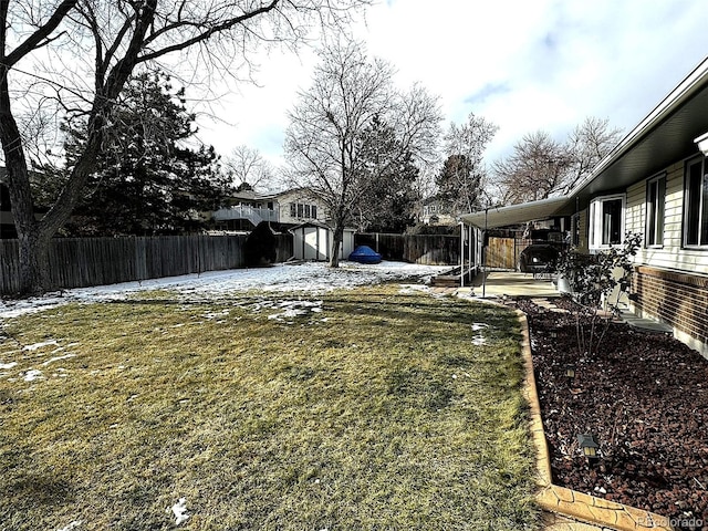 view of yard with a patio area and a storage unit