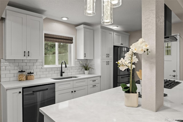 1120 S Harrison St, Denver, CO 80210 - kitchen with dishwasher, light countertops, decorative backsplash, white cabinetry, and freestanding refrigerator