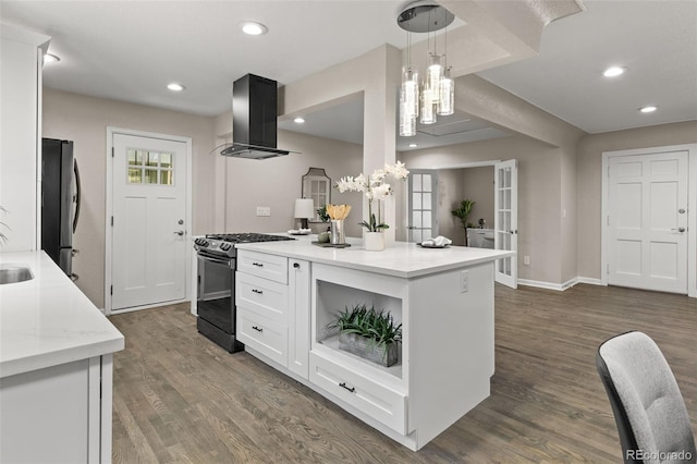 1120 S Harrison St, Denver, CO 80210 - kitchen featuring stainless steel appliances, island range hood, a chandelier, white cabinetry, and dark wood finished floors