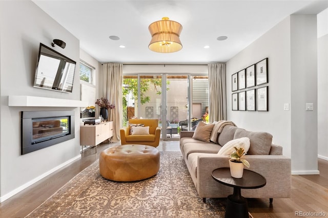 3885 Vrain St, Denver, CO 80212 - living area featuring wood finished floors, a glass covered fireplace, baseboards, and recessed lighting