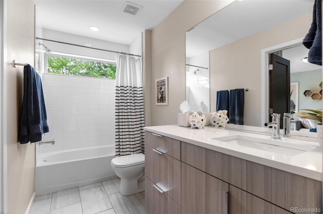 3885 Vrain St, Denver, CO 80212 - bathroom featuring vanity, shower / bathtub combination with curtain, toilet, and marble look tile flooring