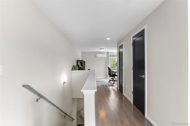 3885 Vrain St, Denver, CO 80212 - hallway featuring an upstairs landing, an AC wall unit, dark wood-type flooring, baseboards, and recessed lighting