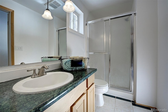 full bath with a stall shower, vanity, toilet, and tile patterned floors