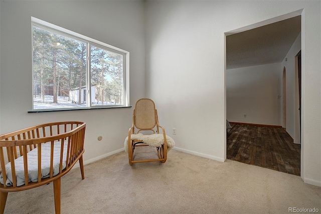 sitting room with carpet floors and baseboards