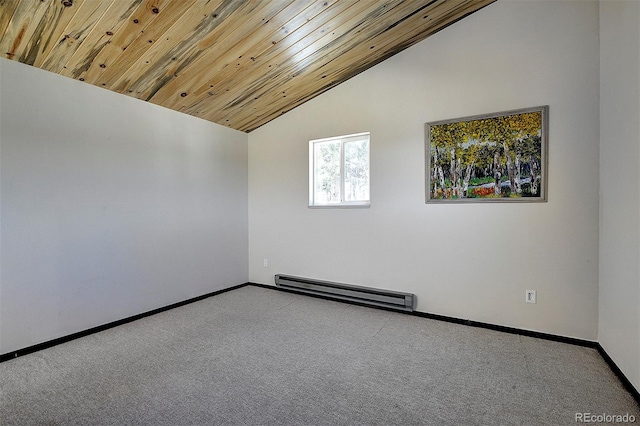 empty room with carpet floors, a baseboard radiator, wooden ceiling, and baseboards