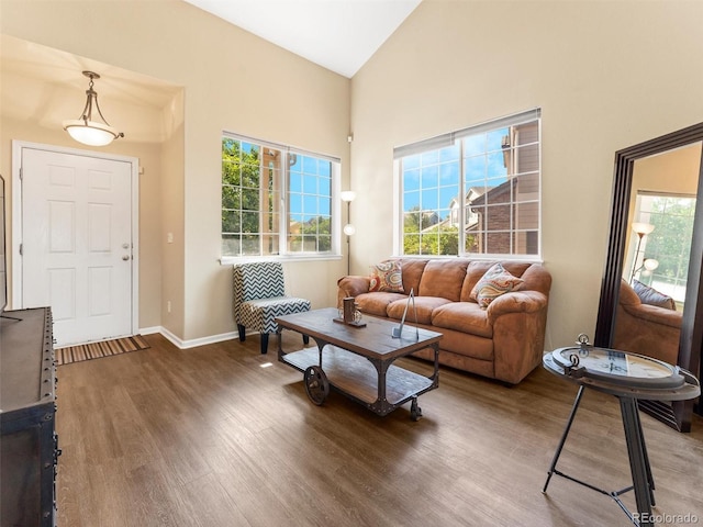 18554 E Vassar Dr, Aurora, CO 80013 - living room with wood finished floors, healthy amount of natural light, and high vaulted ceiling