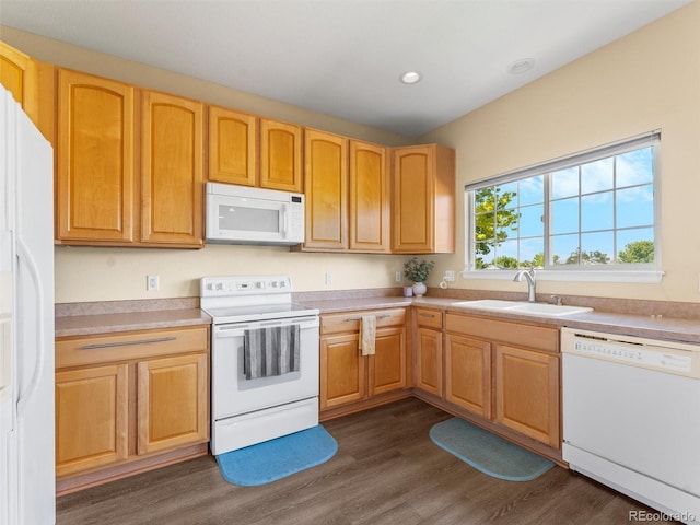 18554 E Vassar Dr, Aurora, CO 80013 - kitchen featuring white appliances, dark wood finished floors, light countertops, and recessed lighting