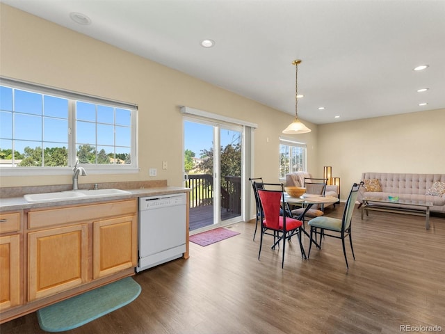 18554 E Vassar Dr, Aurora, CO 80013 - kitchen with dishwasher, dark wood-type flooring, light brown cabinetry, recessed lighting, and light countertops