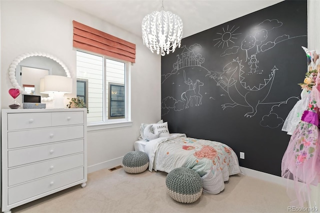 bedroom with light carpet and a notable chandelier