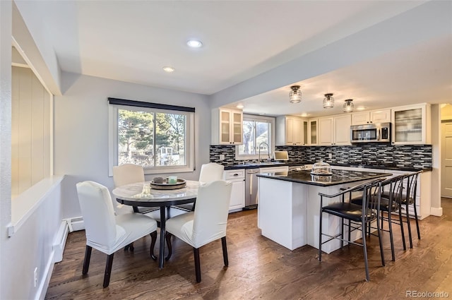 kitchen with dark hardwood / wood-style floors, a center island, sink, white cabinetry, and appliances with stainless steel finishes